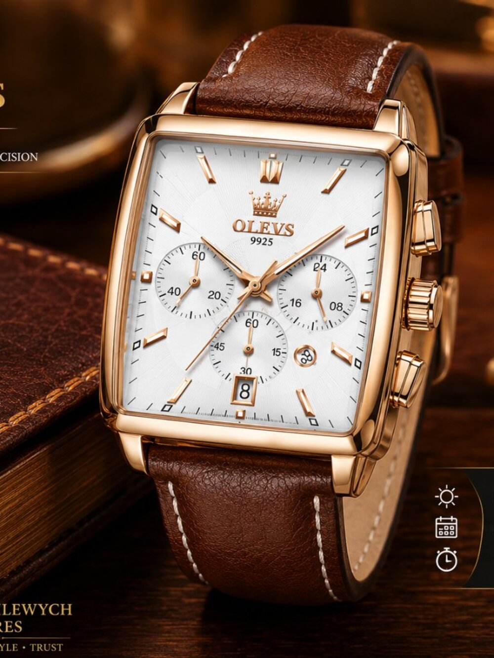 WA-12--Luxury OLEVS men's square watch with brown leather strap. Waterproof, lum